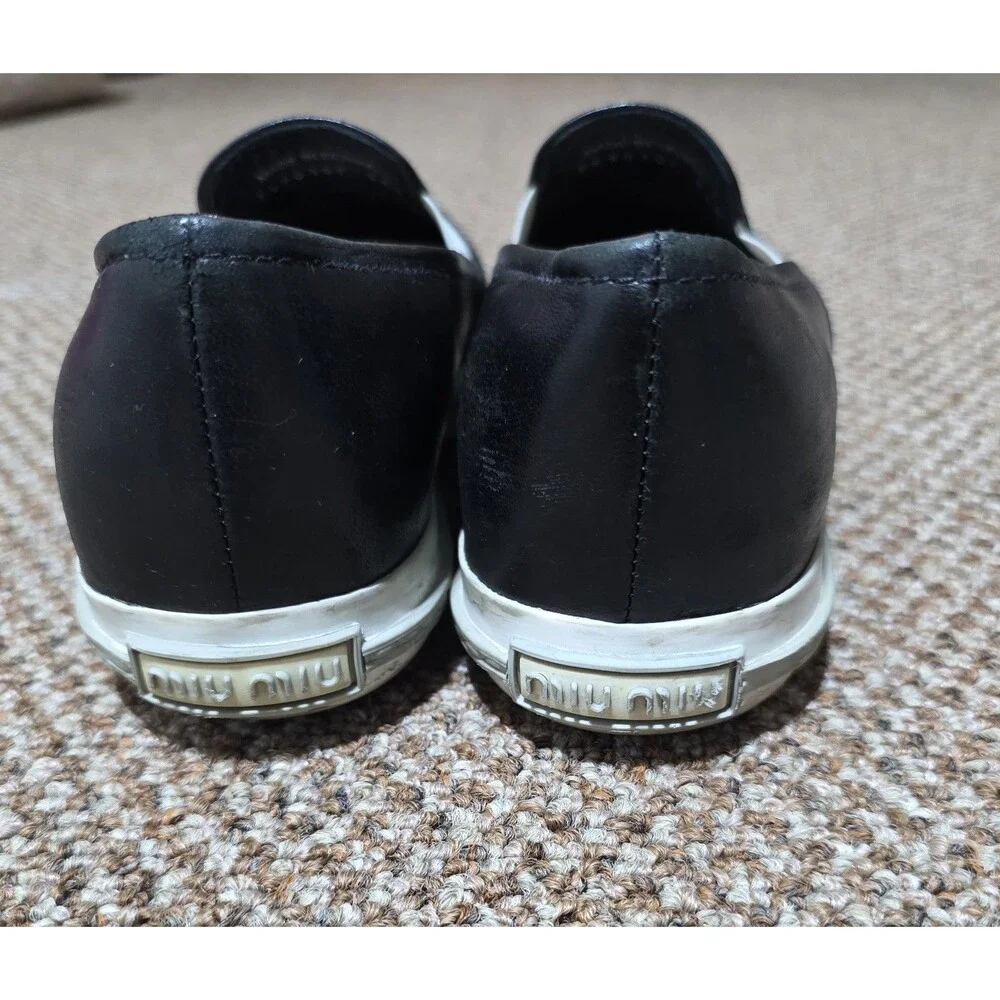 Miu Miu Loafers Women's 36.5 Black Leather Silver Toe Cap Slip On Luxury Shoes - Picture 4 of 9